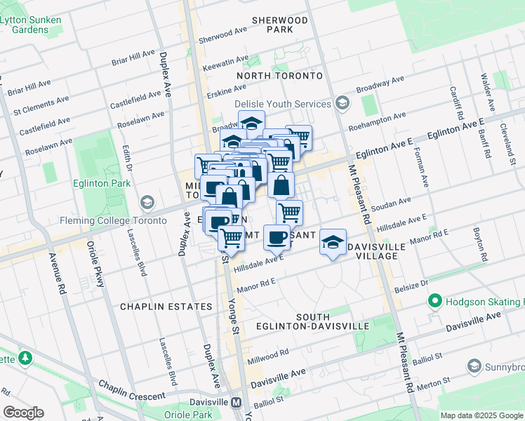 map of restaurants, bars, coffee shops, grocery stores, and more near 45 Dunfield Avenue in Toronto