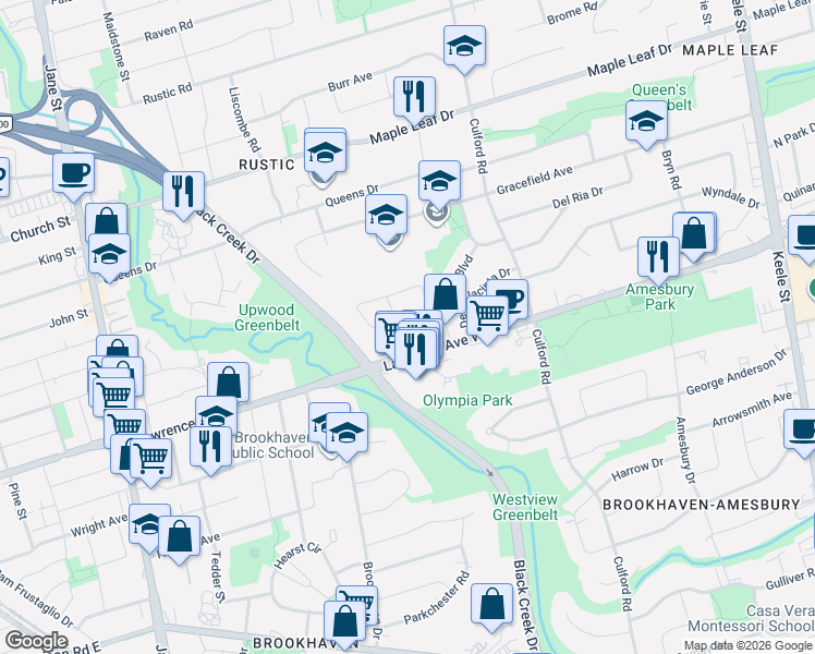 map of restaurants, bars, coffee shops, grocery stores, and more near 12 Goldcrest Boulevard in Toronto