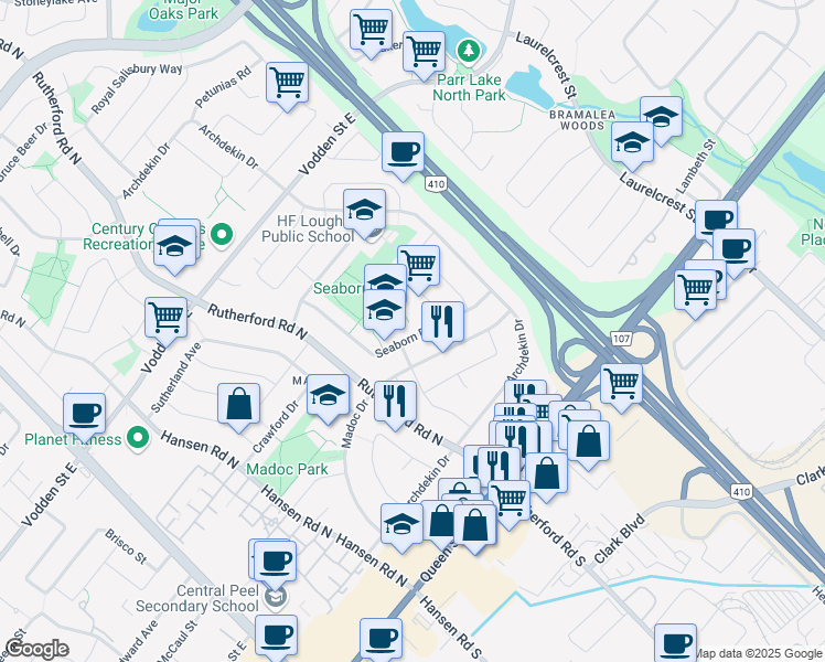 map of restaurants, bars, coffee shops, grocery stores, and more near 48 Seaborn Road in Brampton