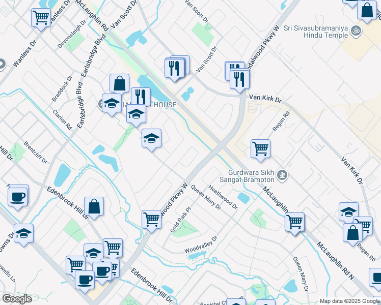 map of restaurants, bars, coffee shops, grocery stores, and more near in Brampton