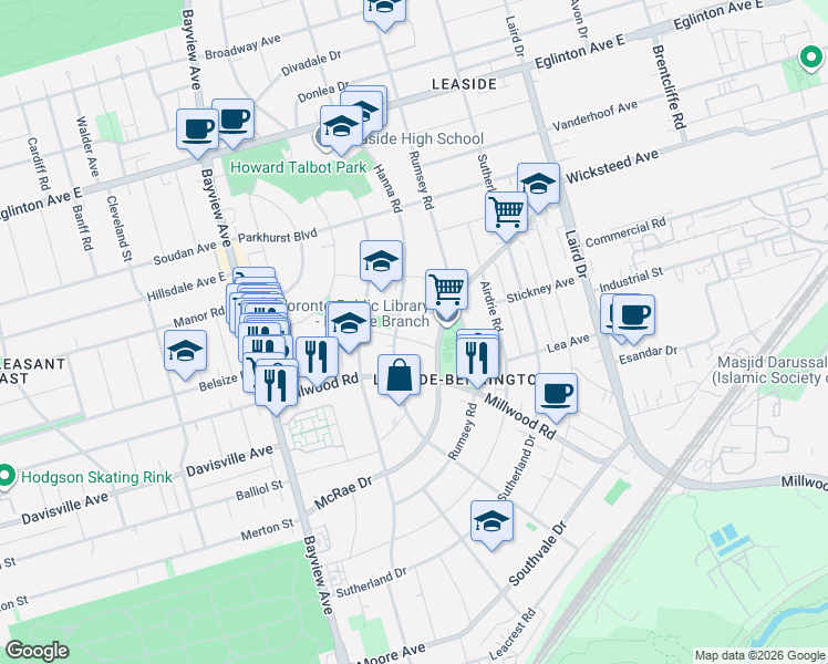map of restaurants, bars, coffee shops, grocery stores, and more near 821 Millwood Road in Toronto