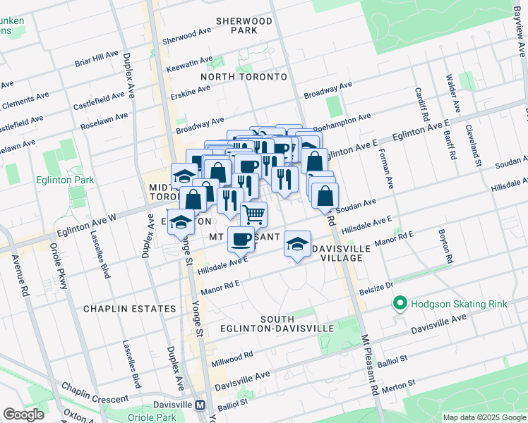 map of restaurants, bars, coffee shops, grocery stores, and more near 65 Lillian Street in Toronto
