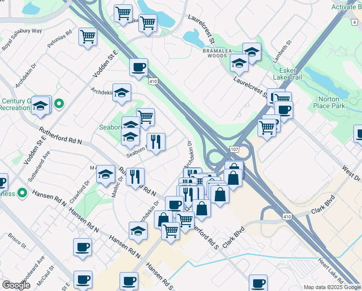 map of restaurants, bars, coffee shops, grocery stores, and more near 138 Madoc Drive in Brampton