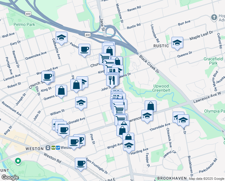 map of restaurants, bars, coffee shops, grocery stores, and more near in Toronto