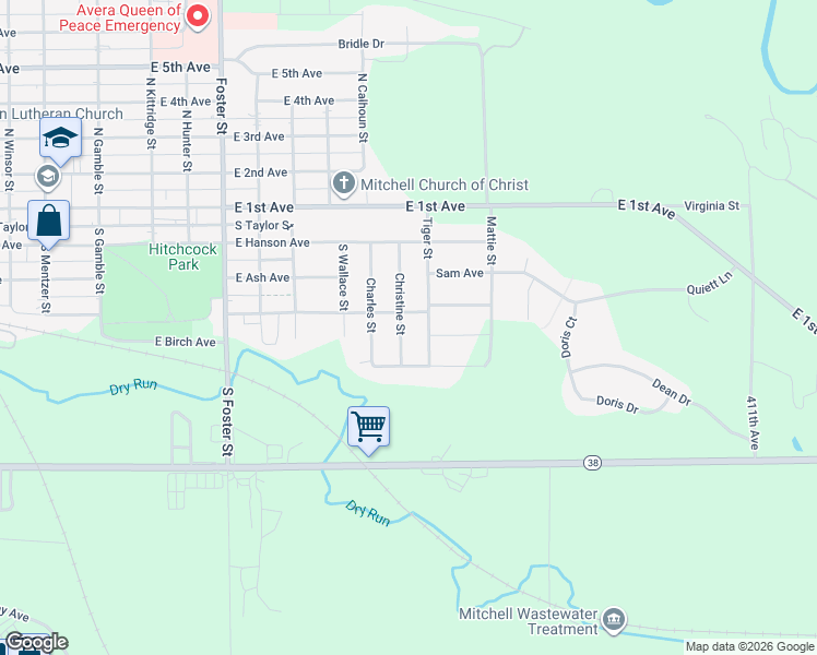 map of restaurants, bars, coffee shops, grocery stores, and more near 507 Tiger Street in Mitchell