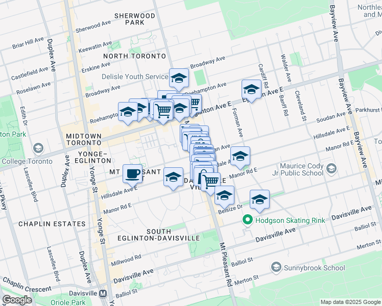 map of restaurants, bars, coffee shops, grocery stores, and more near 700 Mount Pleasant Road in Toronto