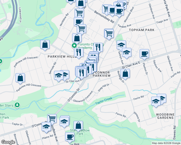 map of restaurants, bars, coffee shops, grocery stores, and more near 813 O'Connor Drive in Toronto