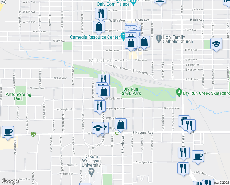 map of restaurants, bars, coffee shops, grocery stores, and more near 201-299 West Cedar Avenue in Mitchell