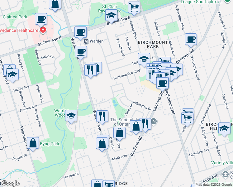 map of restaurants, bars, coffee shops, grocery stores, and more near 11 Etienne Street in Toronto