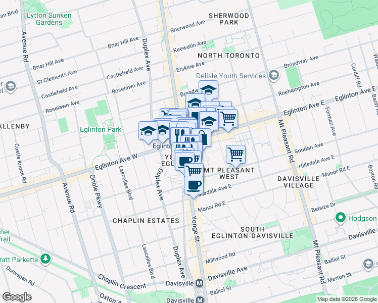 map of restaurants, bars, coffee shops, grocery stores, and more near 2221 Yonge Street in Toronto