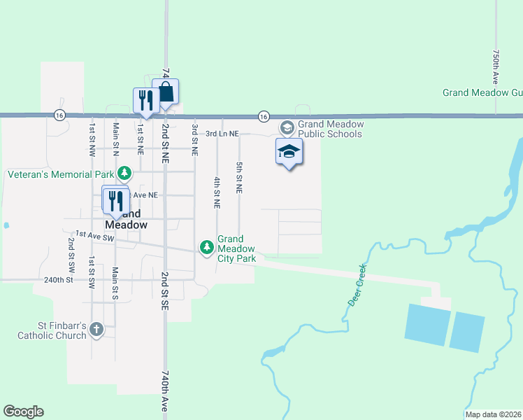 map of restaurants, bars, coffee shops, grocery stores, and more near 103 Brittany Way Southeast in Grand Meadow