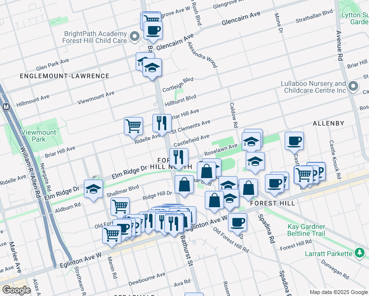 map of restaurants, bars, coffee shops, grocery stores, and more near 645 Castlefield Avenue in Toronto