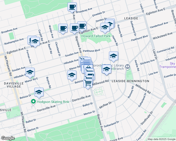 map of restaurants, bars, coffee shops, grocery stores, and more near in Toronto