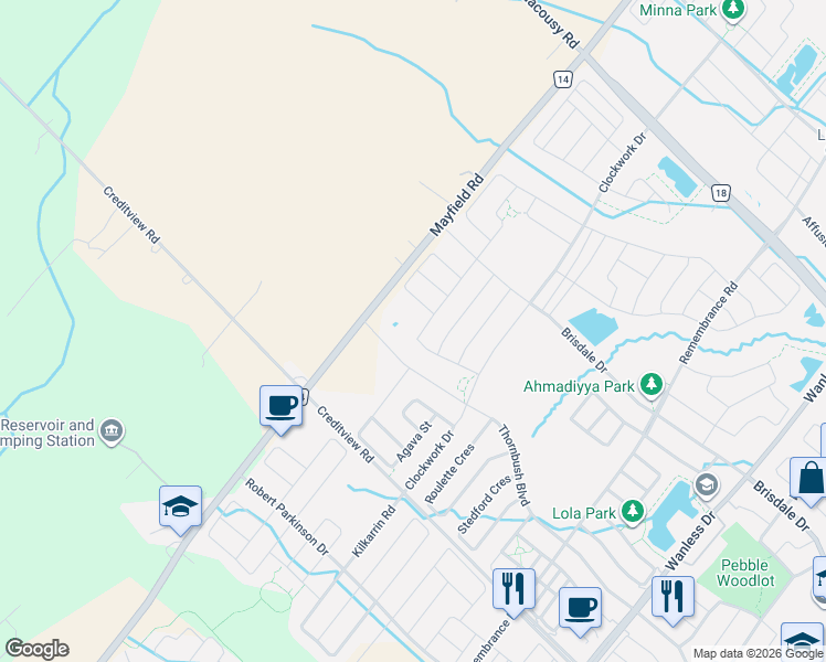 map of restaurants, bars, coffee shops, grocery stores, and more near 56 Donald Stewart Road in Brampton