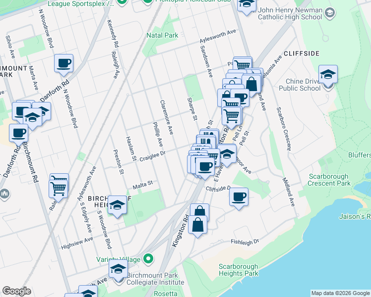 map of restaurants, bars, coffee shops, grocery stores, and more near 87 Craiglee Drive in Toronto