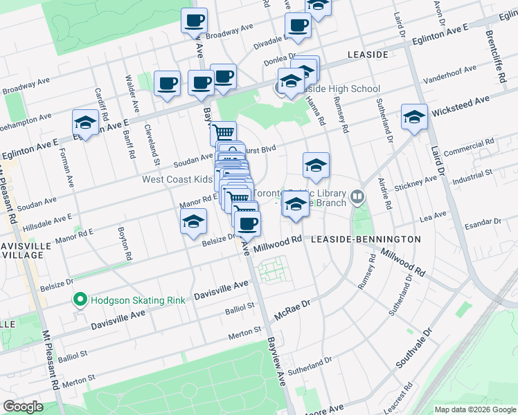 map of restaurants, bars, coffee shops, grocery stores, and more near 3 Cameron Crescent in Toronto