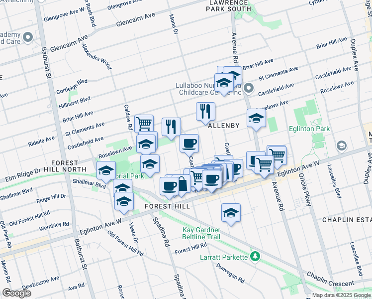 map of restaurants, bars, coffee shops, grocery stores, and more near 104 Castlewood Road in Toronto