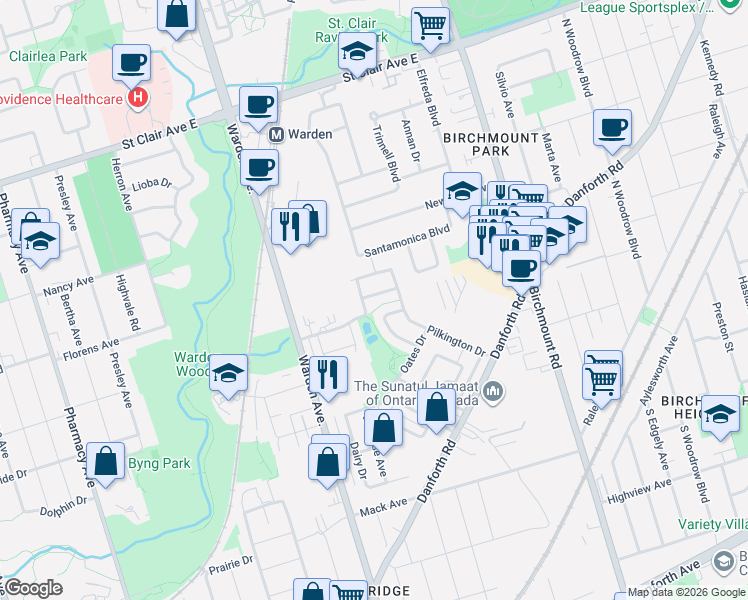 map of restaurants, bars, coffee shops, grocery stores, and more near 11 Etienne Street in Toronto