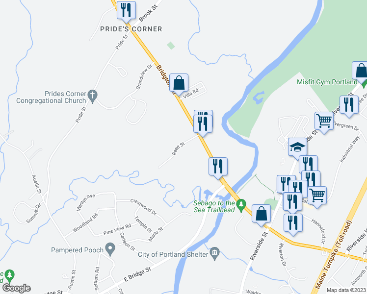 map of restaurants, bars, coffee shops, grocery stores, and more near 40 Reed Street in Westbrook