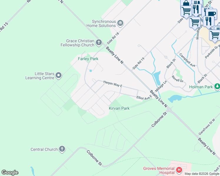 map of restaurants, bars, coffee shops, grocery stores, and more near 83 Harpin Way East in Fergus