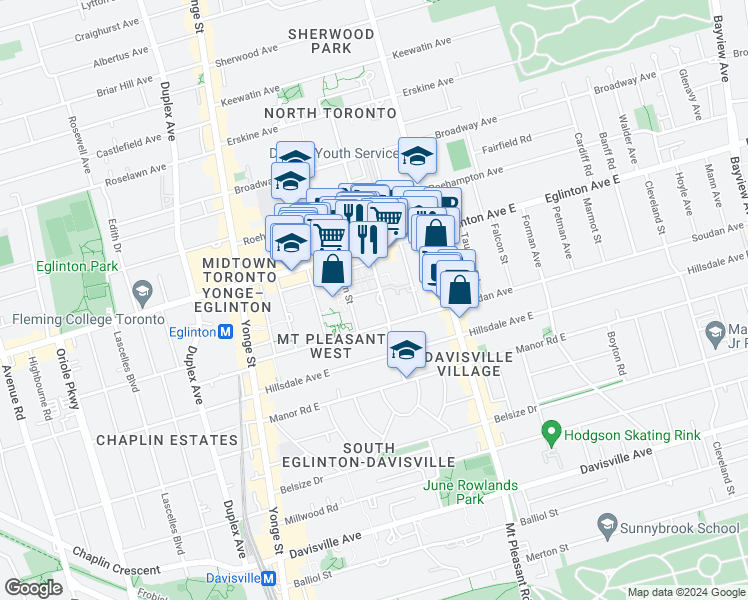map of restaurants, bars, coffee shops, grocery stores, and more near 88 Redpath Avenue in Toronto