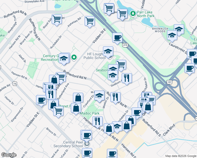 map of restaurants, bars, coffee shops, grocery stores, and more near 102 Seaborn Road in Brampton