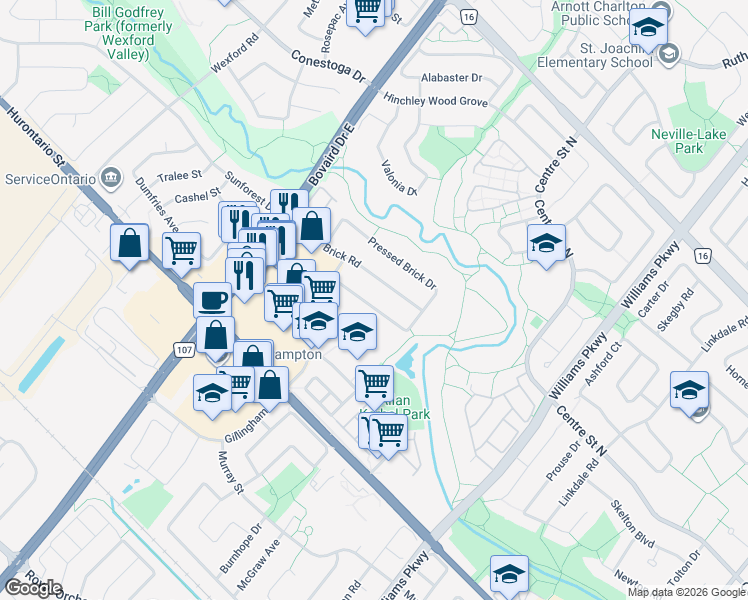 map of restaurants, bars, coffee shops, grocery stores, and more near 289 Pressed Brick Drive in Brampton