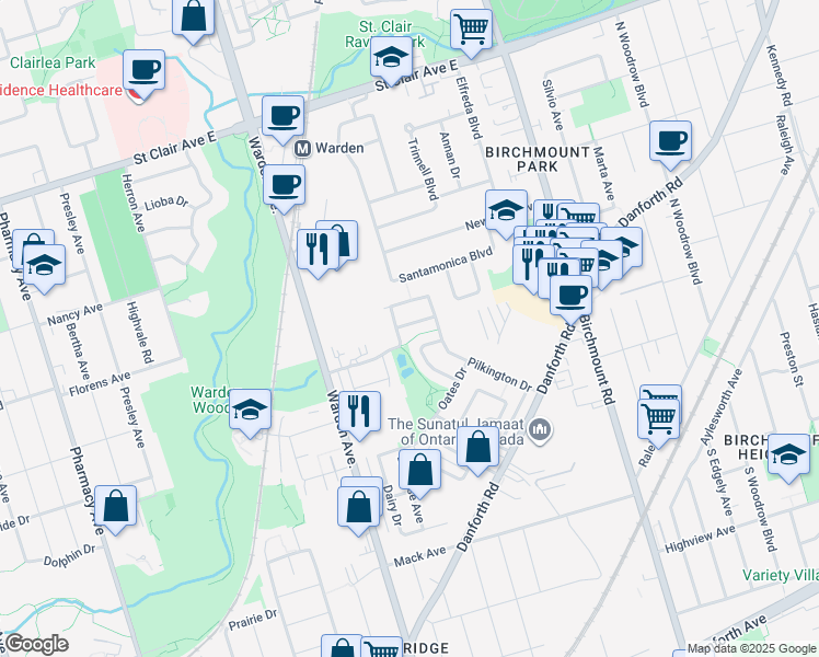 map of restaurants, bars, coffee shops, grocery stores, and more near in Toronto
