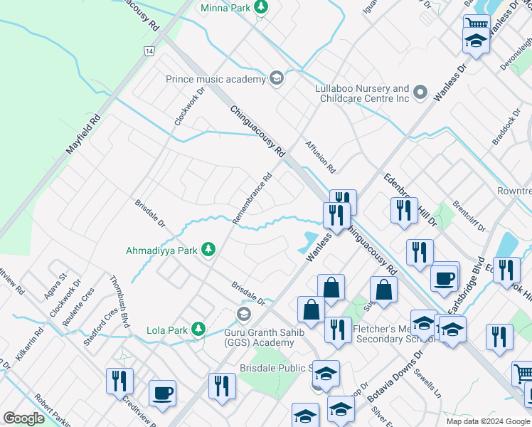 map of restaurants, bars, coffee shops, grocery stores, and more near 327 Remembrance Road in Brampton