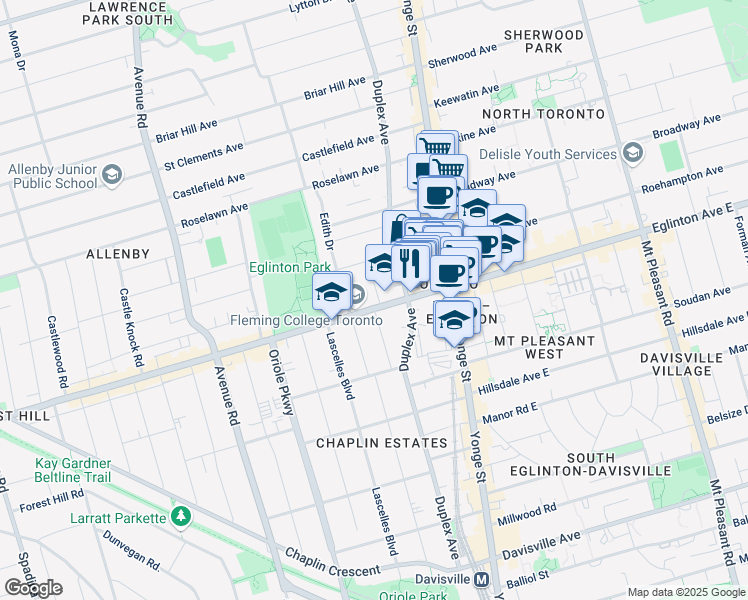 map of restaurants, bars, coffee shops, grocery stores, and more near in Toronto
