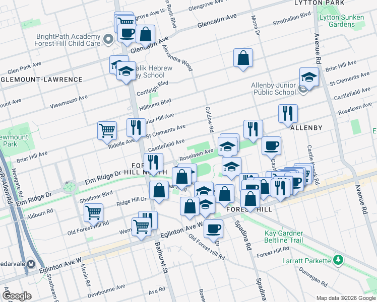 map of restaurants, bars, coffee shops, grocery stores, and more near 630 Roselawn Avenue in Toronto