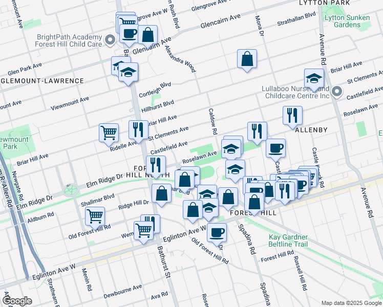map of restaurants, bars, coffee shops, grocery stores, and more near 630 Roselawn Avenue in Toronto