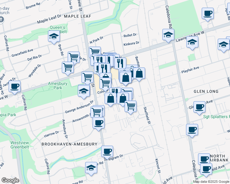 map of restaurants, bars, coffee shops, grocery stores, and more near 44 Colville Road in Toronto