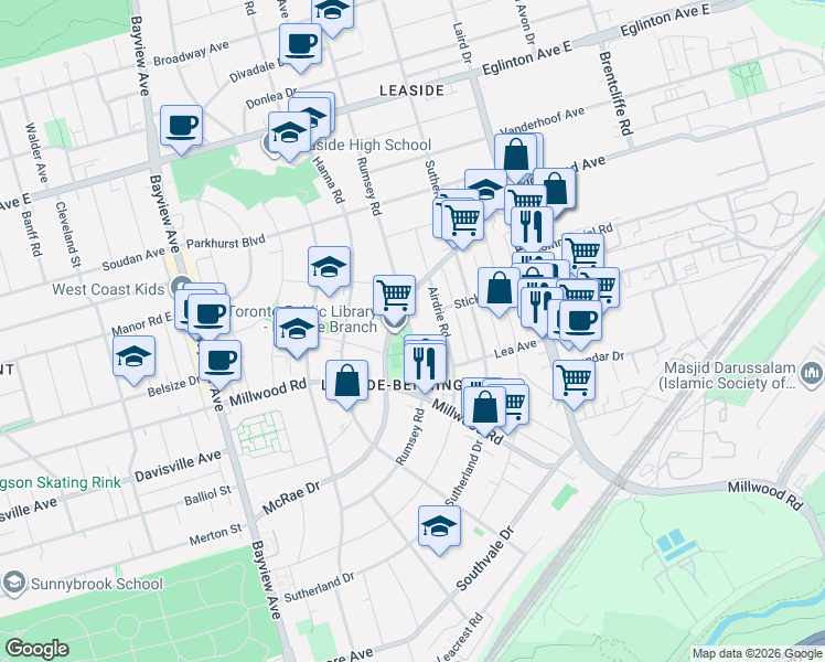 map of restaurants, bars, coffee shops, grocery stores, and more near 127 Rumsey Road in Toronto
