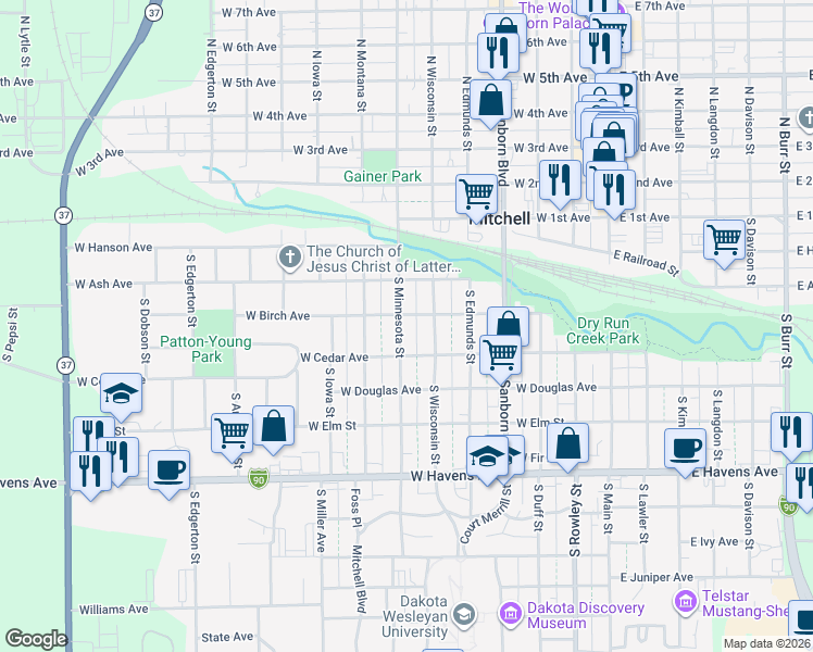 map of restaurants, bars, coffee shops, grocery stores, and more near 317 South Minnesota Street in Mitchell