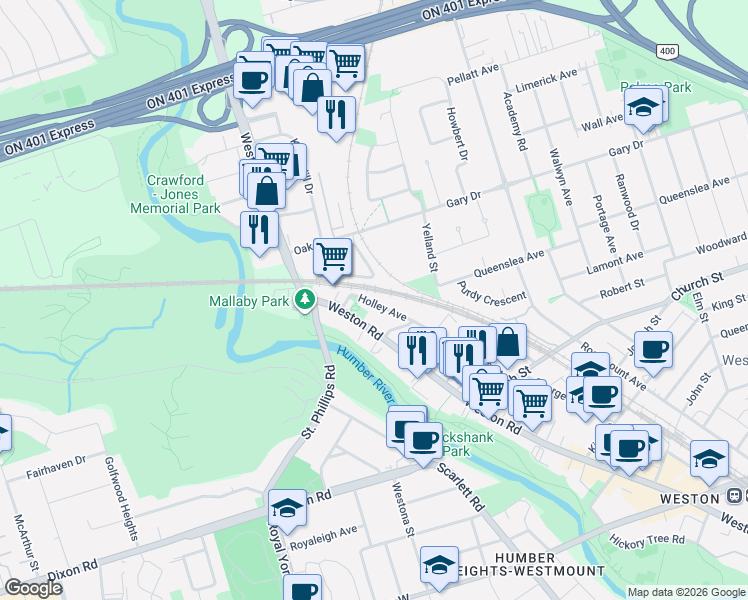 map of restaurants, bars, coffee shops, grocery stores, and more near 39 Holley Avenue in Toronto