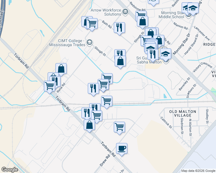 map of restaurants, bars, coffee shops, grocery stores, and more near 7419 Bren Road in Mississauga