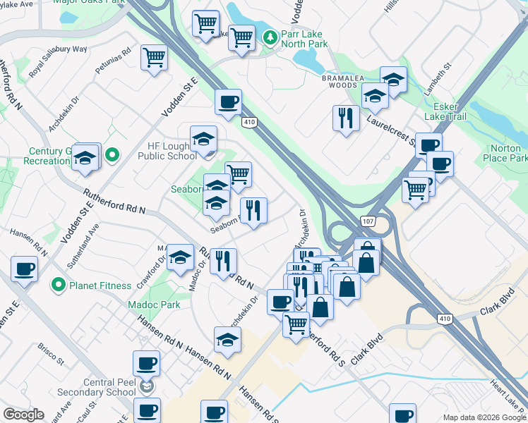 map of restaurants, bars, coffee shops, grocery stores, and more near in Brampton