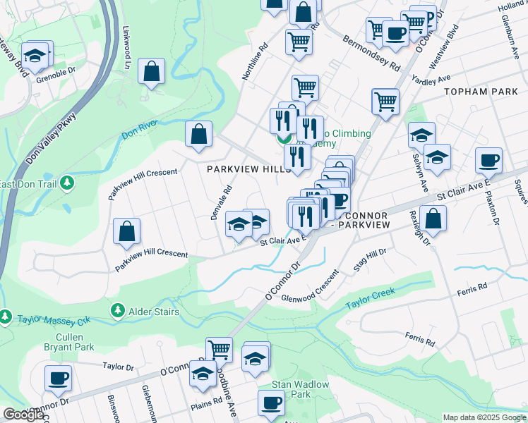 map of restaurants, bars, coffee shops, grocery stores, and more near 28 Doris Drive in Toronto