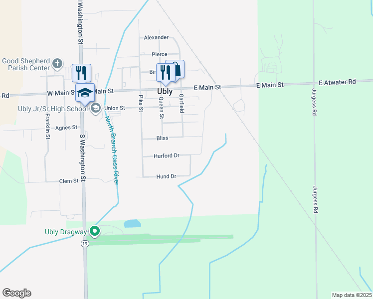 map of restaurants, bars, coffee shops, grocery stores, and more near 2261 Hurford Drive in Ubly