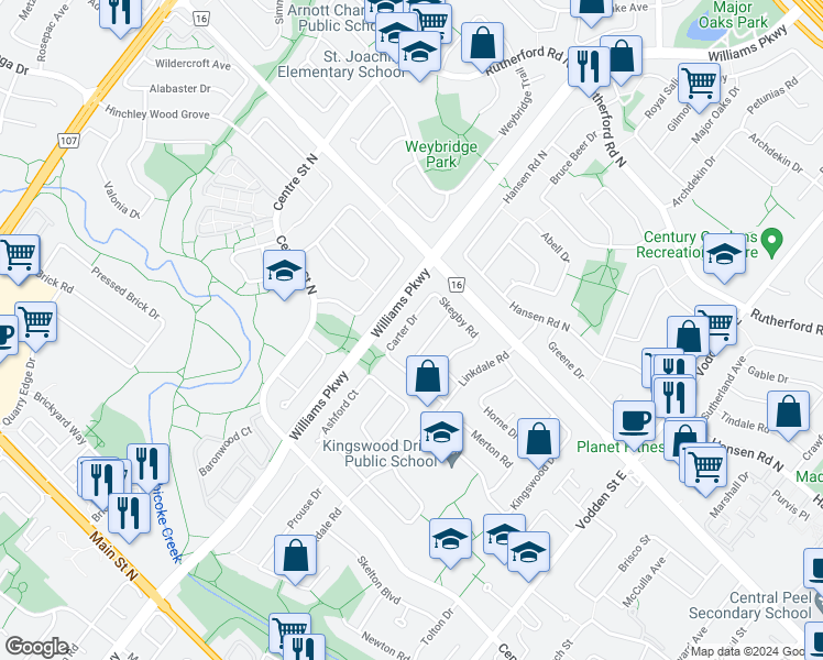 map of restaurants, bars, coffee shops, grocery stores, and more near 21 Carter Drive in Brampton