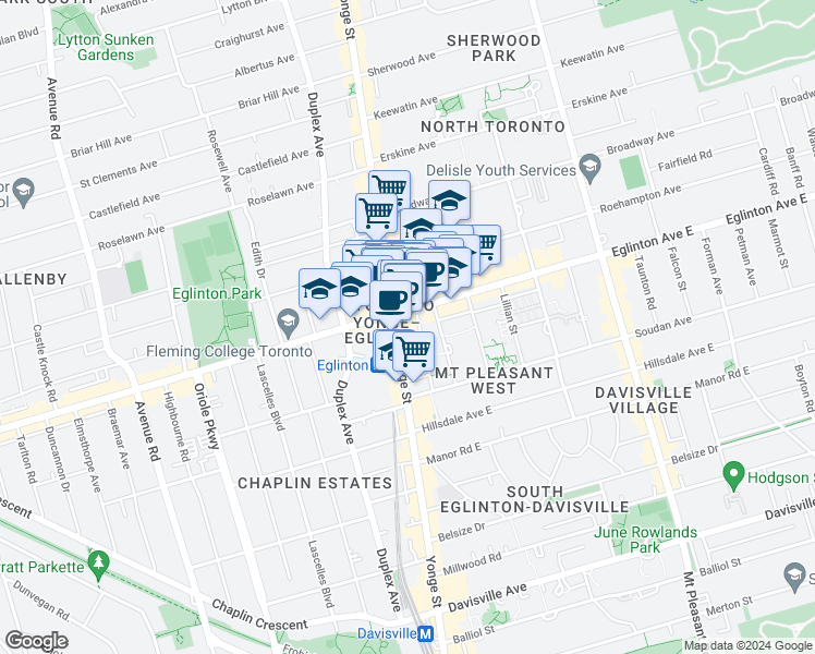 map of restaurants, bars, coffee shops, grocery stores, and more near 2245 Yonge Street in Toronto