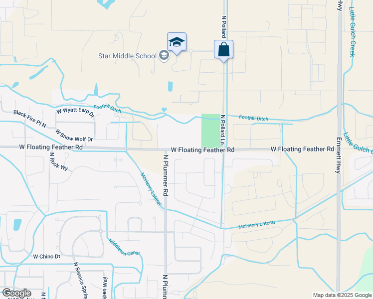 map of restaurants, bars, coffee shops, grocery stores, and more near 9375 West Floating Feather Road in Star