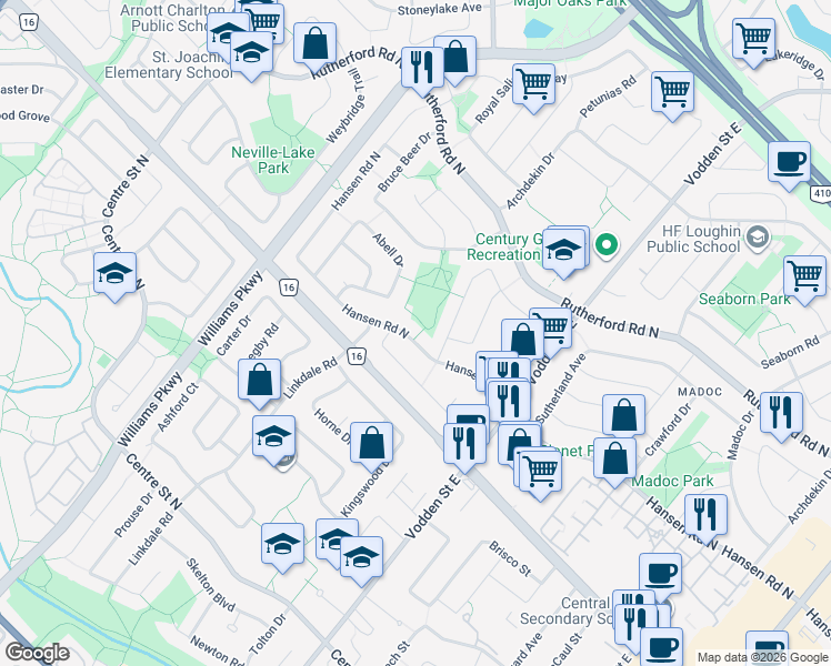 map of restaurants, bars, coffee shops, grocery stores, and more near 284 Hansen Road North in Brampton