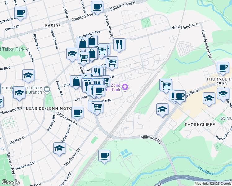 map of restaurants, bars, coffee shops, grocery stores, and more near 20 Esandar Drive in Toronto