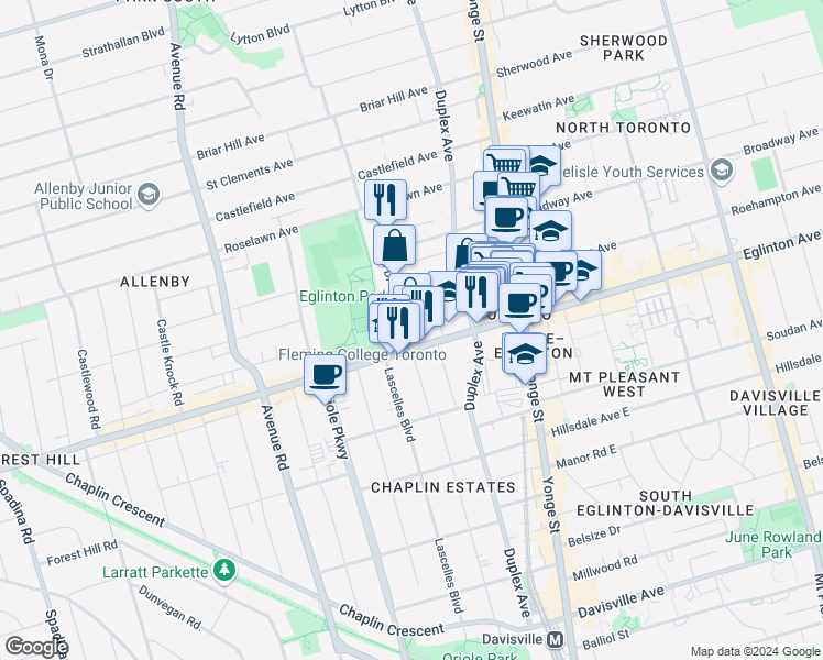 map of restaurants, bars, coffee shops, grocery stores, and more near 21 Edith Drive in Toronto