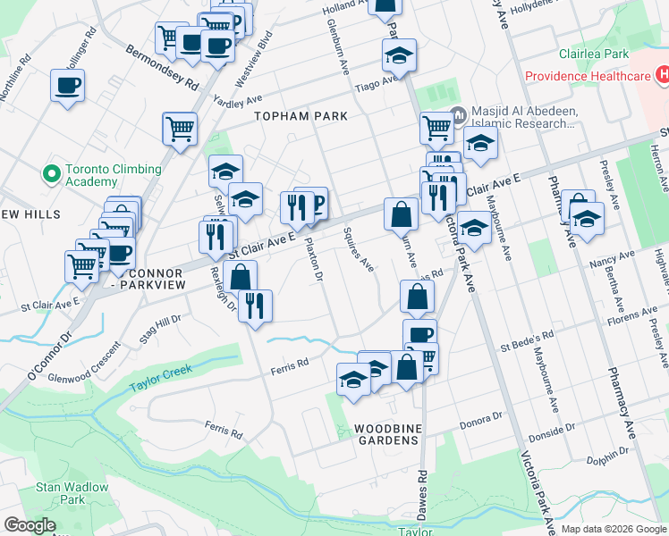 map of restaurants, bars, coffee shops, grocery stores, and more near 110 Cedarcrest Boulevard in Toronto