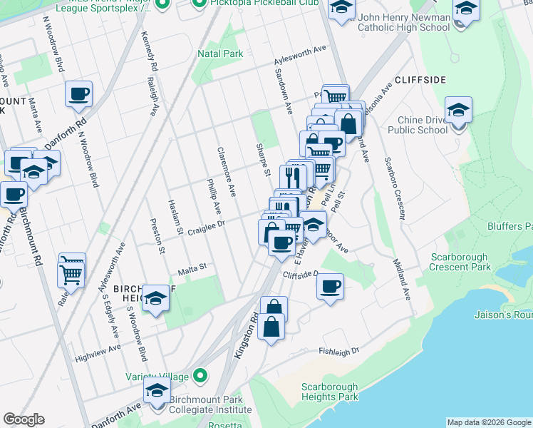 map of restaurants, bars, coffee shops, grocery stores, and more near 97B Craiglee Drive in Toronto
