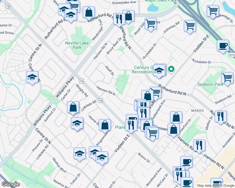 map of restaurants, bars, coffee shops, grocery stores, and more near 280 Hansen Road North in Brampton