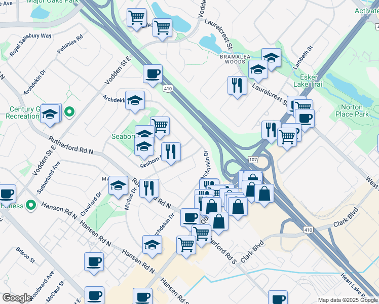 map of restaurants, bars, coffee shops, grocery stores, and more near 137 Madoc Drive in Brampton